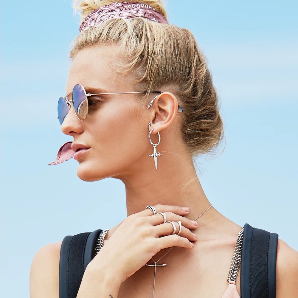 Luv AJ Cross Dangle Hoop Earrings, Silver, NWT